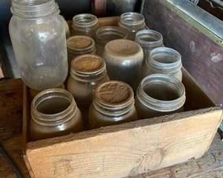 Lot of Vintage Canning Jars in Wood Crate