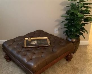 Tufted Leather Ottoman with Plant