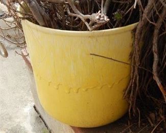 $60 - Yellow Drip Glaze Pot - Marked "CALIF" on bottom. Measures 14" tall and 13" across rim
