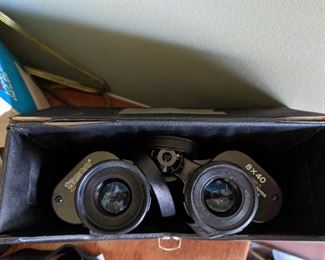 Folk art bunny lamp, binoculars 8 x 40, Brownie camera, pana-vue slide viewer.