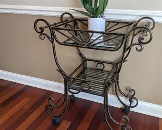 Cast iron rolling server with glass shelves