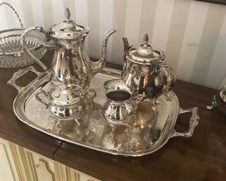 Coffee pot, tea pot, sugar, creamer and serving tray silver plate