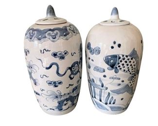 Blue and White Ming Ginger Pots, Pair