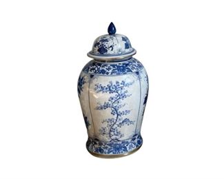 Blue and White Temple Jar with Brass Trim