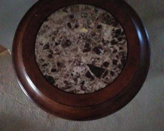$95.00 Marble top insert round wood table.  24-1/2 in tall, 20-1/2 in. Wide