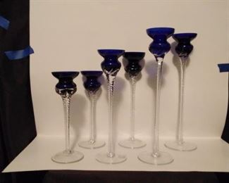 6 cobalt blue and glass candlesticks