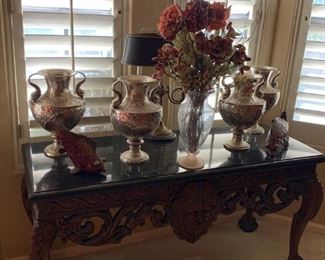 NICELY CARVED CONSOLE WITH FAUX MARBLE TOP