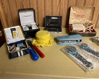 Sewing kits, Remington Roll-A-Matic shaver, cuticle kit