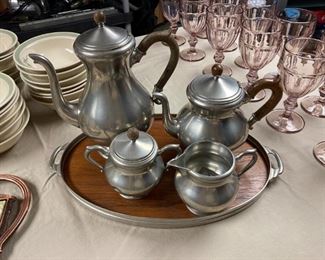 Royal Daalderop Pewter Coffee/Tea Service with tray,  Pink pressed glass water goblets (24)