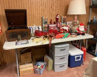 Vintage Zenith Radio & Record Player, Christmas decorations, cooler and 3 drawer storage cabinet, desk lamp
