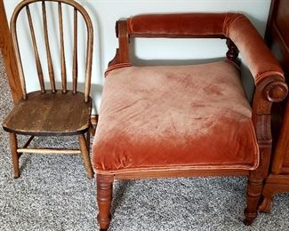 Vintage child's chair & very vintage velvet chair