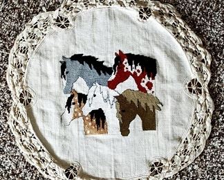 Horse motif hand crocheted & cross stitched doily 