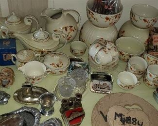 Hall pottery, silver plate items, Planter's Peanut bowl & serving cups etc.