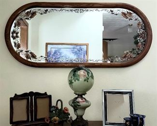 Large oval mirror, hand painted Gone with the wind lamp & old picture fame
