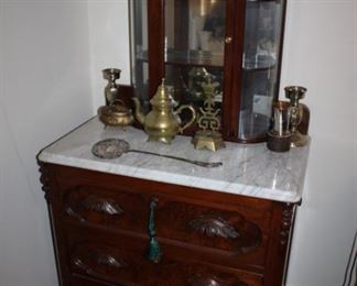 SMALL ANTIQUE DRESSER W/MARBLE TOP, WOOD DISPLAY CABINET