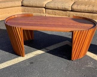 LOT # New Price custom table $950.00 Cocktail Table for indoors. Cherry; Custom Made in 1990 by Communia Woods Iowa. Woodworker/Artist : David Naso. NOTE: this table is off site from estate sale home.