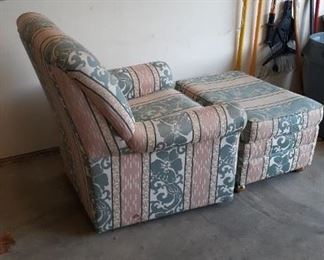 LOT 52 NEW PRICE $20.00 Chair and Ottoman on castors from Expressions clean, good condition just some wear. in garage.