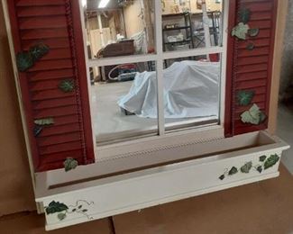 LOT42 $ new price 100.00 Painted Mirror with bin, Never Used. size 29w x34 hgt. Purchased from Women's Exchange .