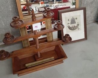 LOT 49 new price 150.00 Candelabra: Tell City Maple #48 Andover Finish / 3 Tiered Candelabra with tray base; 2 mirrors, 1 small signed art