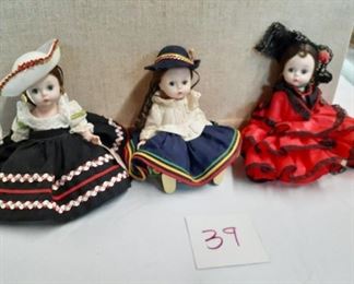 LOT 39 $30.00 3 Madam Alexander Dolls, with tags , very nice condition . aprox 6" tall. mexico, bolivia, spain