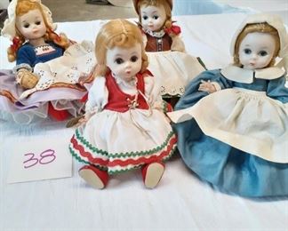 LOT 38 $ 40.00 4 Madame Alexander Dolls with tags, aprox 6' tall, good condition, Dutch, Hungarian, Alpine, Pilgrim