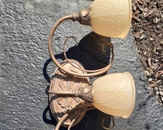 LOT $25.00 2 bathroom vanity wall mount lights, gold and silver washed aprox 24 wide