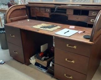 LOT New Price $200.00 Rolltop Desk. Mahogany top. From Canadian RR. desk only. items in knee area NOT included.