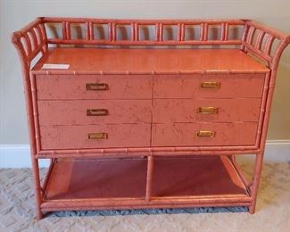 LOT $725.00 Vintage FICKS REED server. Original finish. coral with black splatter. Great Condition. (located in basement) 50" wide.