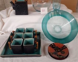 LOT 60 $65.00 Tea Set, 2 Turq. glass bowls, 2 tumblers, 2 plates