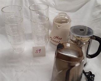 LOT 59 $40.00 6 Bodum glassware, coffee warmer, coco server, grinder(starbuck label)