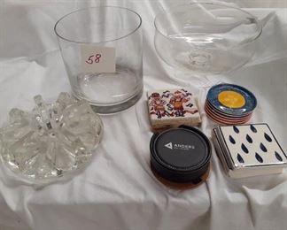 LOT 58 NEW PRICE $30.00 Thick glass trivet, large vase, stemmed compote bowl, misc coasters