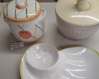 LOT 63 NEW PRICE 6..00 Pottery Barn canister, plastic chip dish. salad spinner is NOT in this lot,