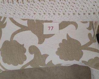 LOT 77 6.00 Misc. Linens : Afghan, Toss Pillows, queen sheet, pillow cases, hamper
