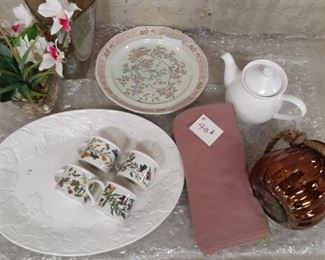 LOT 48 $New Price 24.00 Mixed Lot , large white platter, tea pot, vases, floral coffee cups, decorative plate, faux orchid
