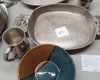 LOT 67 50.00 Pewter serving trays, misc pewter, art clay bowl