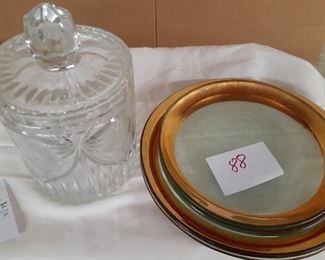 88 LOT 35.00 Crystal canister and decor plates