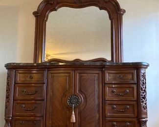 Exquisite Detailed Marble Topped Dresser with Mirror