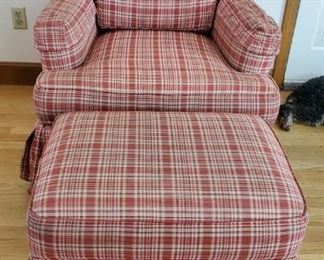 Red Plaid Fabric Chair and Ottoman