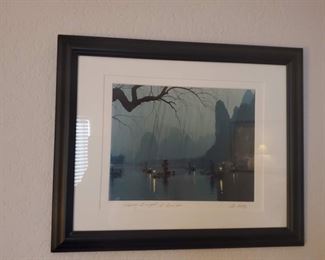 Framed and Signed picture Guo Ji Liang Fishing at Night at Guilin