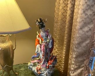Antique table, lamp and porcelain Geisha 