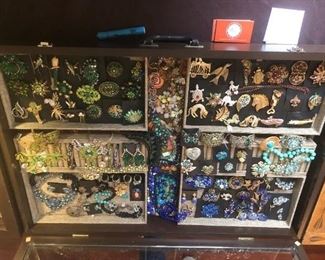 Vintage costume jewelry in the cool tones of blue, turquoise and green and newer Heidi Daus art deco style jewelry, 50% off all weekend!