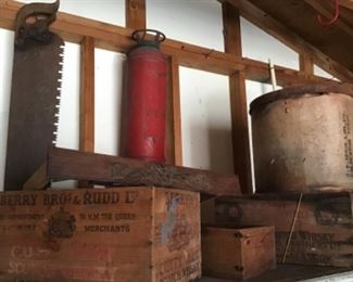 Antique Fire Extinguisher , Wooden Boxes, Saws