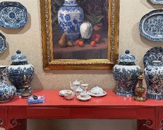 Japanese Chow table with pierced sides. Also shown: cushioned stools, framed art, Chinese blue & white porcelain.