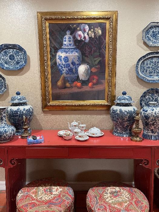 Japanese Chow table with pierced sides. Also shown: cushioned stools, framed art, Chinese blue & white porcelain.