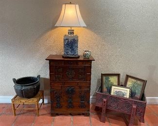 Asian style mahogany chest with brass trim & mounts.