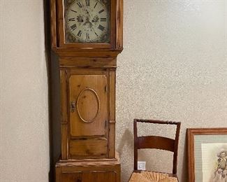 Tall case clock. Mid-19th century, mfg by Hunlock. Pine frame with painted metal moon phase face. 