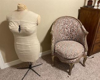 Dressmakers form & French barrel back arm chair.