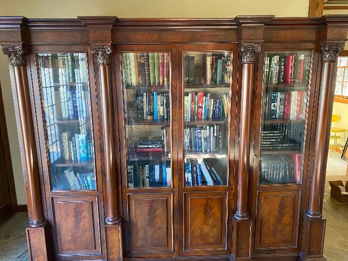 Large Mahogany bookcase with glass doors-86-1/2" H x 110" W x 22"D