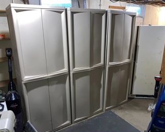 Several plastic storage cabinets, freezer