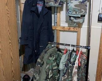 Many vintage US ARMY camo jackets, pants, misc. clothing, boots, Military coat